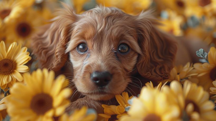 vecteezy two puppies in field of flowers 48588256